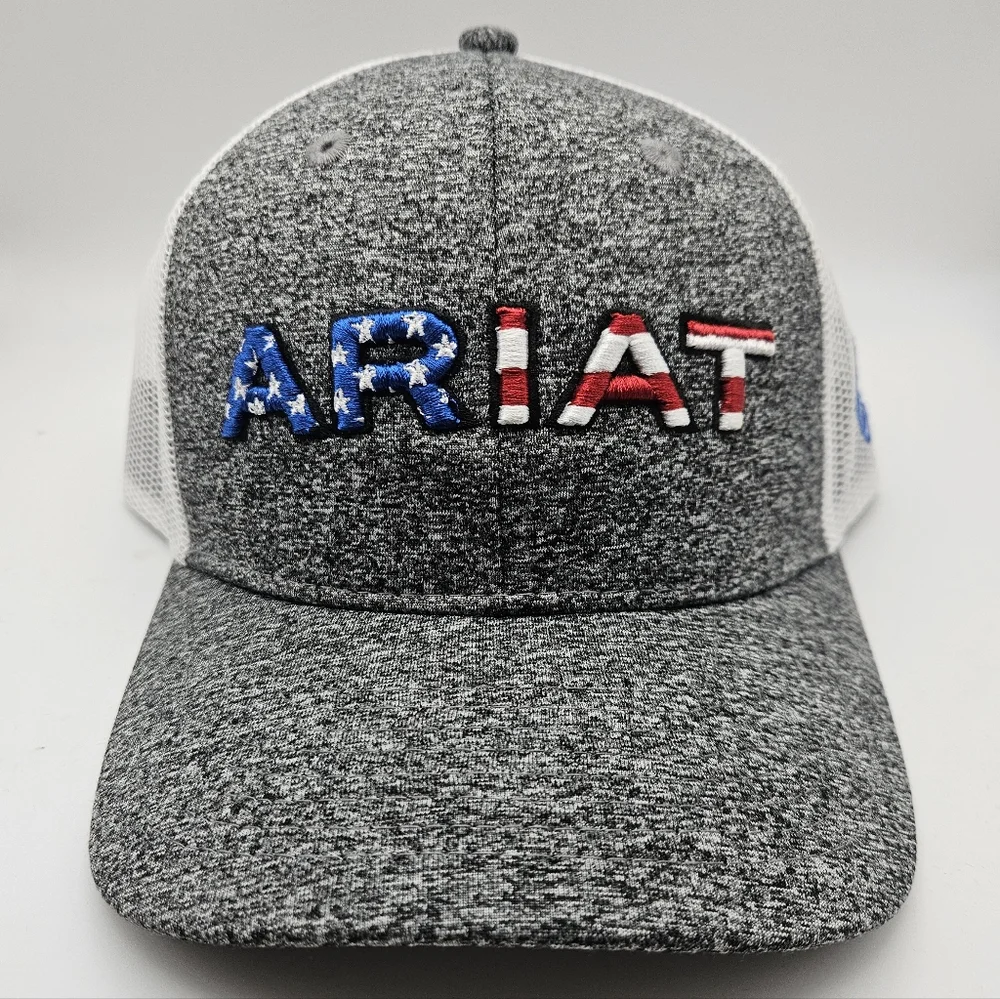 Ariat Trucker Hat Gray Mesh Snapback USA Flag Logo OSFM - Picture 1 of 5